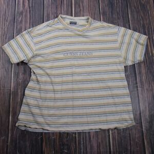 GUESS T-Shirt Unisex L White Striped Embroidered Crew Neck Jersey Granny Core